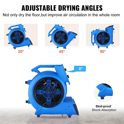 Floor Blower, 1/2 HP, 2600 CFM Air Mover for Drying and Cooling, Portable Carpet Dryer Fan with 4 Blowing Angles and Time Function, for Janitorial, Home, Commercial, Industrail Use, ETL Listed