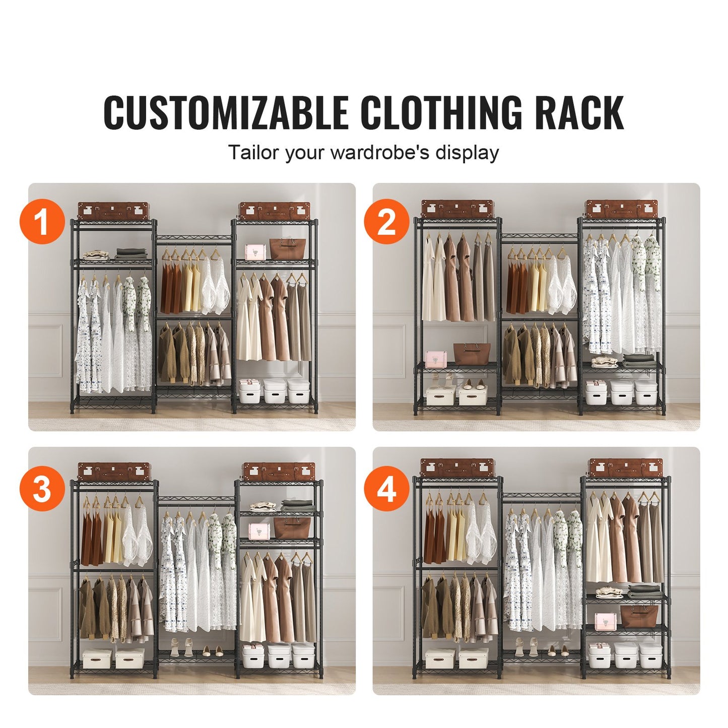 Heavy Duty Clothes Rack, Rolling Clothing Garment Rack with 4 Hang Rods & 8 Storage Tiers, Adjustable Custom Closet Rack, Freestanding Wardrobe for Hanging Clothes, 800 lbs Load Capacity