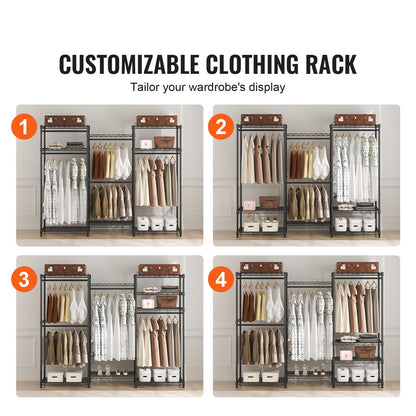 Heavy Duty Clothes Rack, Rolling Clothing Garment Rack with 4 Hang Rods & 8 Storage Tiers, Adjustable Custom Closet Rack, Freestanding Wardrobe for Hanging Clothes, 800 lbs Load Capacity