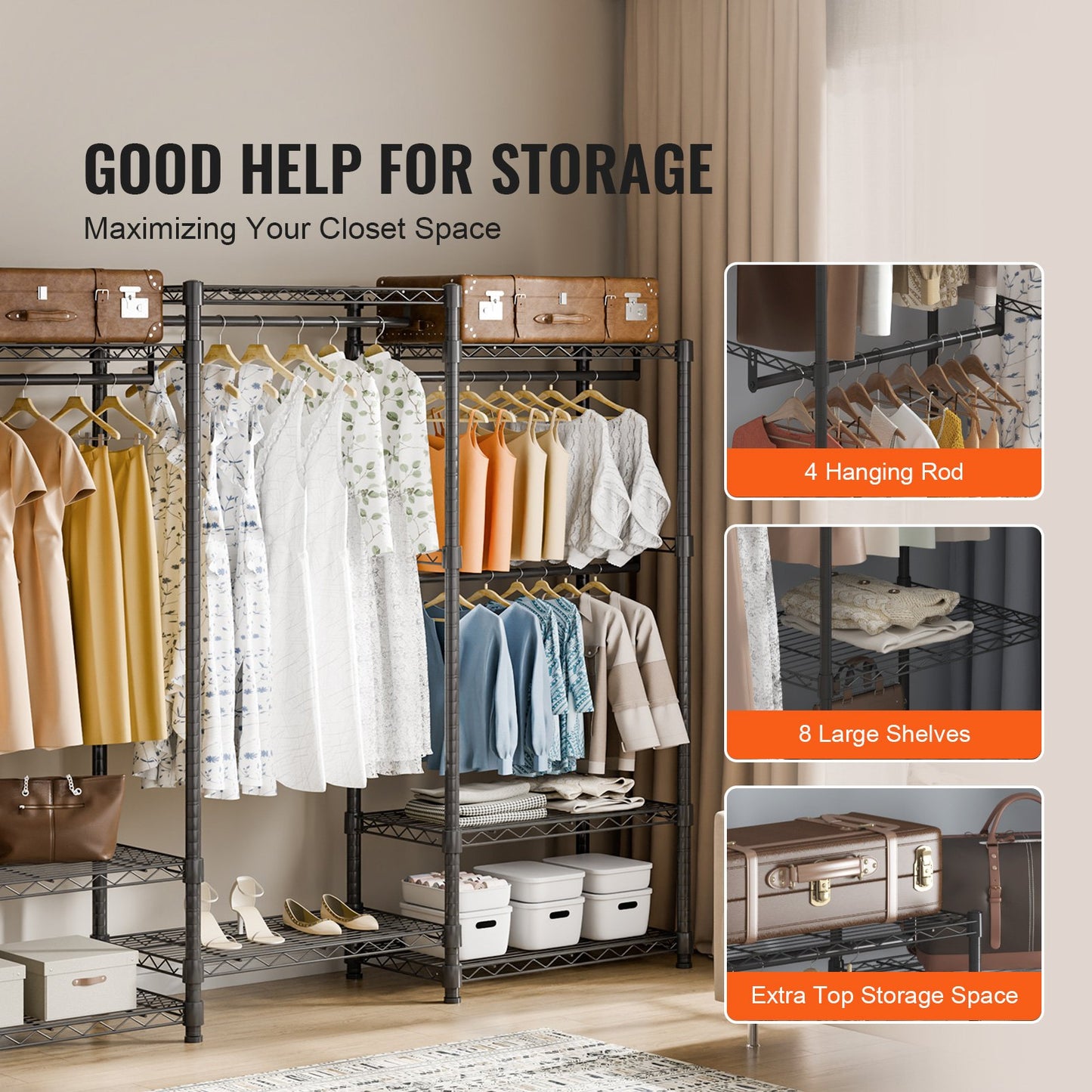 Heavy Duty Clothes Rack, Rolling Clothing Garment Rack with 4 Hang Rods & 8 Storage Tiers, Adjustable Custom Closet Rack, Freestanding Wardrobe for Hanging Clothes, 800 lbs Load Capacity