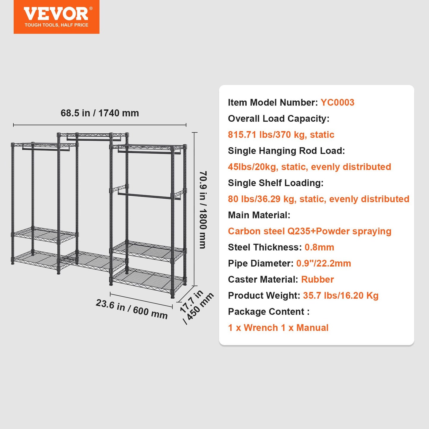 Heavy Duty Clothes Rack, Rolling Clothing Garment Rack with 4 Hang Rods & 8 Storage Tiers, Adjustable Custom Closet Rack, Freestanding Wardrobe for Hanging Clothes, 800 lbs Load Capacity
