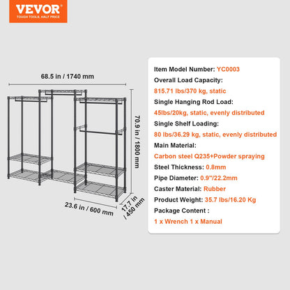 Heavy Duty Clothes Rack, Rolling Clothing Garment Rack with 4 Hang Rods & 8 Storage Tiers, Adjustable Custom Closet Rack, Freestanding Wardrobe for Hanging Clothes, 800 lbs Load Capacity