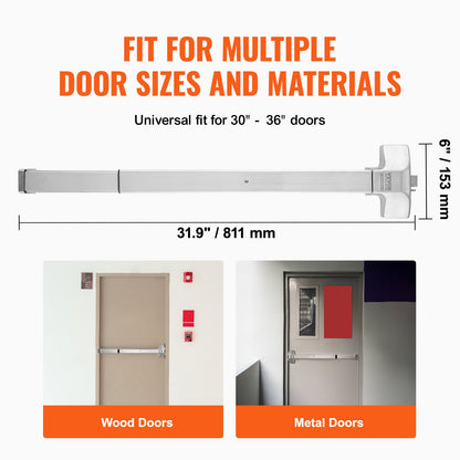 Door Push Bar Panic Exit Device, 31” Stainless Steel Commercial Emergency Exit Door Push Bar with Exterior Lever and 3 Keys, Emergency Exit Door Hardware for 30"-36" Metal Wood Door