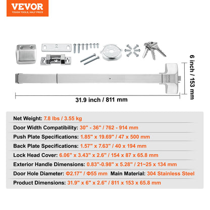 Door Push Bar Panic Exit Device, 31” Stainless Steel Commercial Emergency Exit Door Push Bar with Exterior Lever and 3 Keys, Emergency Exit Door Hardware for 30"-36" Metal Wood Door
