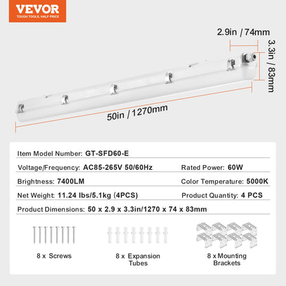 4PCS 4FT LED Vapor Proof Light 60W 7400LM Vapor Proof Light Fixture 5000K
