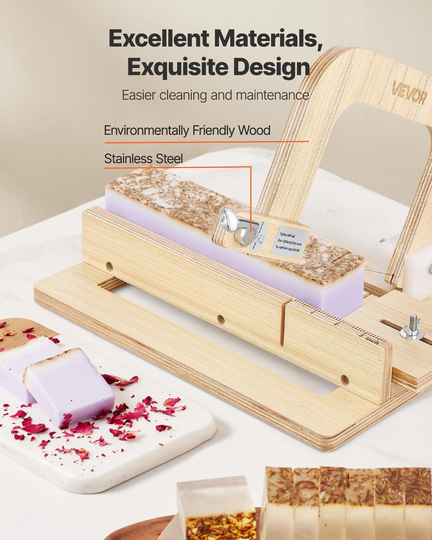 Soap Cutter, 0-2 inch Adjustable Thickness, Wood Soap Slicer with Stainless Steel Adjustable Wire Tension, with Extra Wires, Multi Handmade Cutter for Candles, DIY Making Cutting Tool