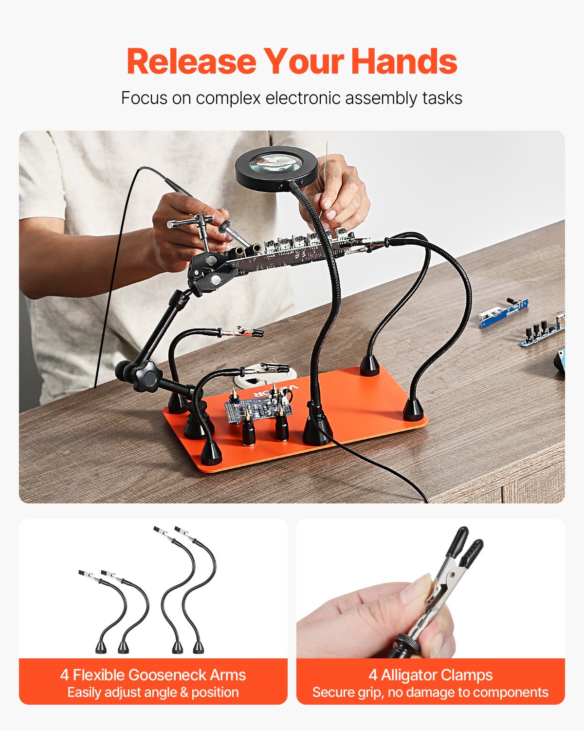 Magnetic Helping Hands Soldering Station, Third Hand Soldering Tool with 3X LED Magnifying Lamp, 4 PCB Holders & 360 Hot Air Gun Holder, Heavy-Duty Base Station for Electronic Repair Craft Hobby
