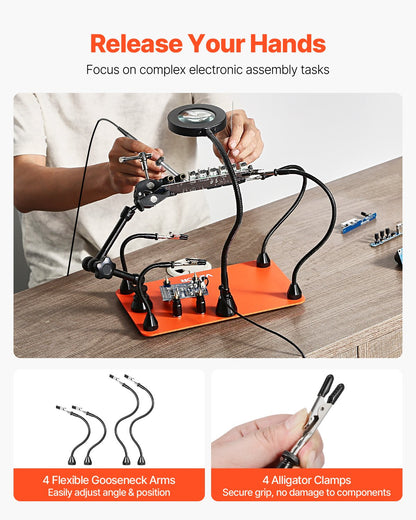 Magnetic Helping Hands Soldering Station, Third Hand Soldering Tool with 3X LED Magnifying Lamp, 4 PCB Holders & 360 Hot Air Gun Holder, Heavy-Duty Base Station for Electronic Repair Craft Hobby
