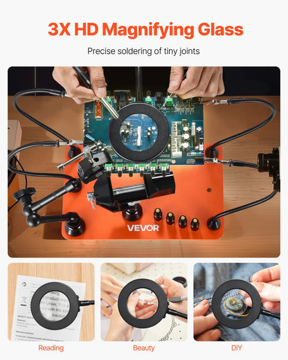 Magnetic Helping Hands Soldering Station, 4 Arms Third Hand Tool, with Vise, 3X LED Magnifying Lamp, 4 PCB Holder & 360 Hot Air Gun Holder, Soldering Helper for Electronic Repair Craft Hobby DIY