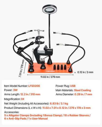 Magnetic Helping Hands Soldering Station, 4 Arms Third Hand Tool, with Vise, 3X LED Magnifying Lamp, 4 PCB Holder & 360 Hot Air Gun Holder, Soldering Helper for Electronic Repair Craft Hobby DIY