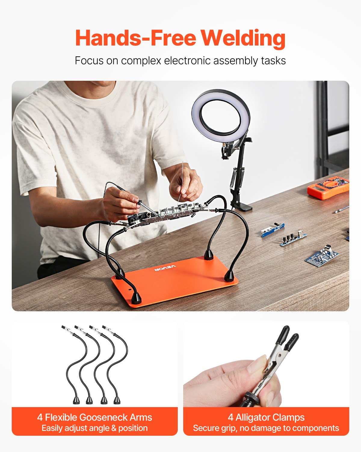 Magnetic Helping Hands Soldering Station, 4 Flexible Arms Third Hand Tool with 3X LED Magnifying Lamp & Non-Slip Heavy-Duty Base, Soldering Helping Hands for Electronic Repair Craft Hobby DIY