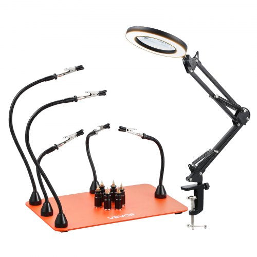 Magnetic Helping Hands Soldering Station, 2-In-1 Third Hand Soldering Tool - 3X LED Magnifying Lamp & 5 Flexible Arms, 6 PCB Holders, Heavy-Duty Base Station for Electronic Repair Craft Hobby
