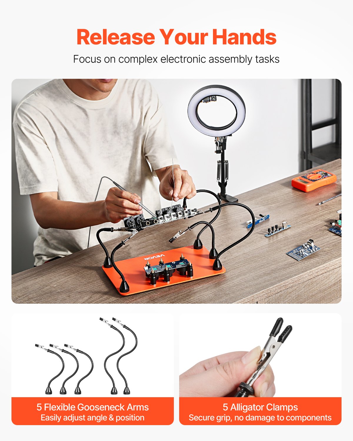 Magnetic Helping Hands Soldering Station, 2-In-1 Third Hand Soldering Tool - 3X LED Magnifying Lamp & 5 Flexible Arms, 6 PCB Holders, Heavy-Duty Base Station for Electronic Repair Craft Hobby