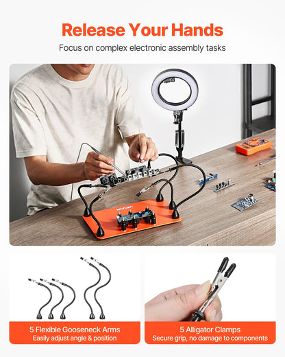 Magnetic Helping Hands Soldering Station, 2-In-1 Third Hand Soldering Tool - 3X LED Magnifying Lamp & 5 Flexible Arms, 6 PCB Holders, Heavy-Duty Base Station for Electronic Repair Craft Hobby