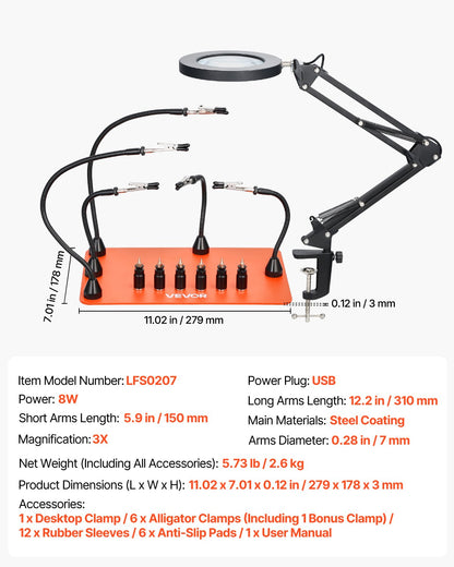 Magnetic Helping Hands Soldering Station, 2-In-1 Third Hand Soldering Tool - 3X LED Magnifying Lamp & 5 Flexible Arms, 6 PCB Holders, Heavy-Duty Base Station for Electronic Repair Craft Hobby
