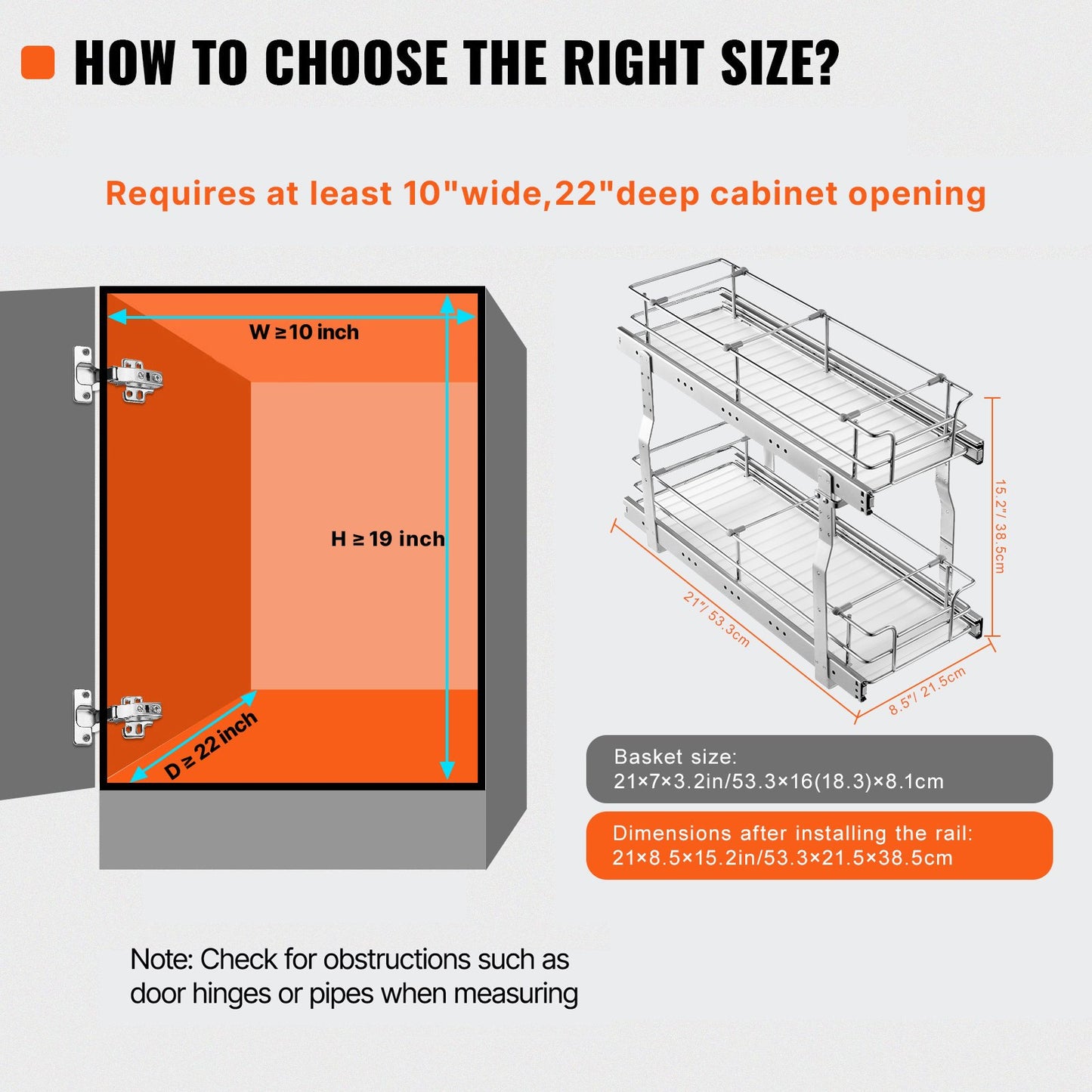 8.5"Wx21"Dx15"H Pull Out Cabinet Organizer, Heavy Duty Slide Out Pantry Shelves, Steel Roll Out Drawers, Sliding Drawer Storage for Home Under Sink, 10"Wx22"Dx18"H Install Size for Cabinet