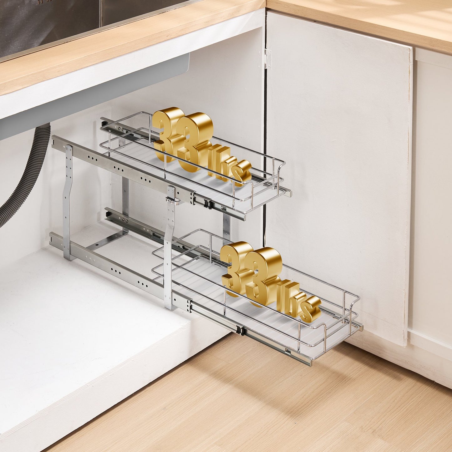 8.5"Wx21"Dx15"H Pull Out Cabinet Organizer, Heavy Duty Slide Out Pantry Shelves, Steel Roll Out Drawers, Sliding Drawer Storage for Home Under Sink, 10"Wx22"Dx18"H Install Size for Cabinet
