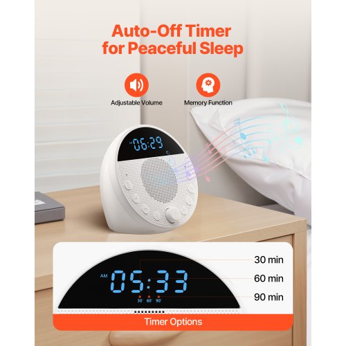 Ljudmaskin, 18 lugnande sömnljud och 7-färgad nattlampa, 5-i-1 ljudmaskin med vitt brus med dubbla larm, automatisk avstängningstimer och minnesfunktion, för baby, vuxna, hem, kontor och resor |  EU