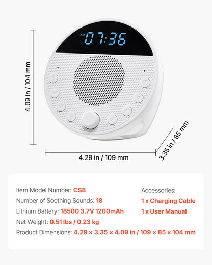Sound Machine, 18 Soothing Sleep Sounds and 7-Color Night Light, 5-in-1 White Noise Sound Machine with Dual Alarms, Auto-Off Timer and Memory Function, for Baby, Adults, Home, Office & Travel