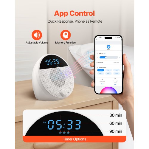 Ljudmaskin, 18 lugnande sömnljud, 7-färgad nattlampa, 6-i-1 ljudmaskin med vitt brus med dubbla larm, app, automatisk avstängningstimer och minnesfunktion, för baby, vuxna, hem, kontor och resor |  EU
