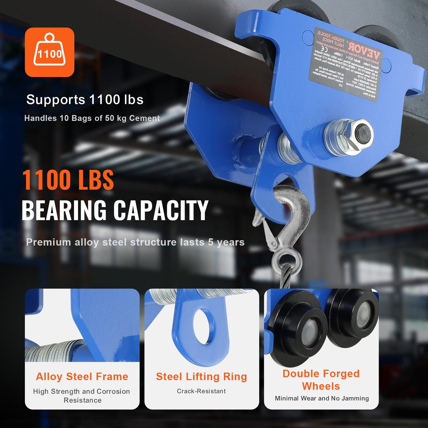 Manual Trolley, 1100 lbs/0.5 Ton Load Capacity Push Beam Trolley with Dual Wheels, Adjustable for I-Beam Flange Width 2.5" to 5.5", Heavy Duty Alloy Steel Garage Hoist for Straight Curved I Beam