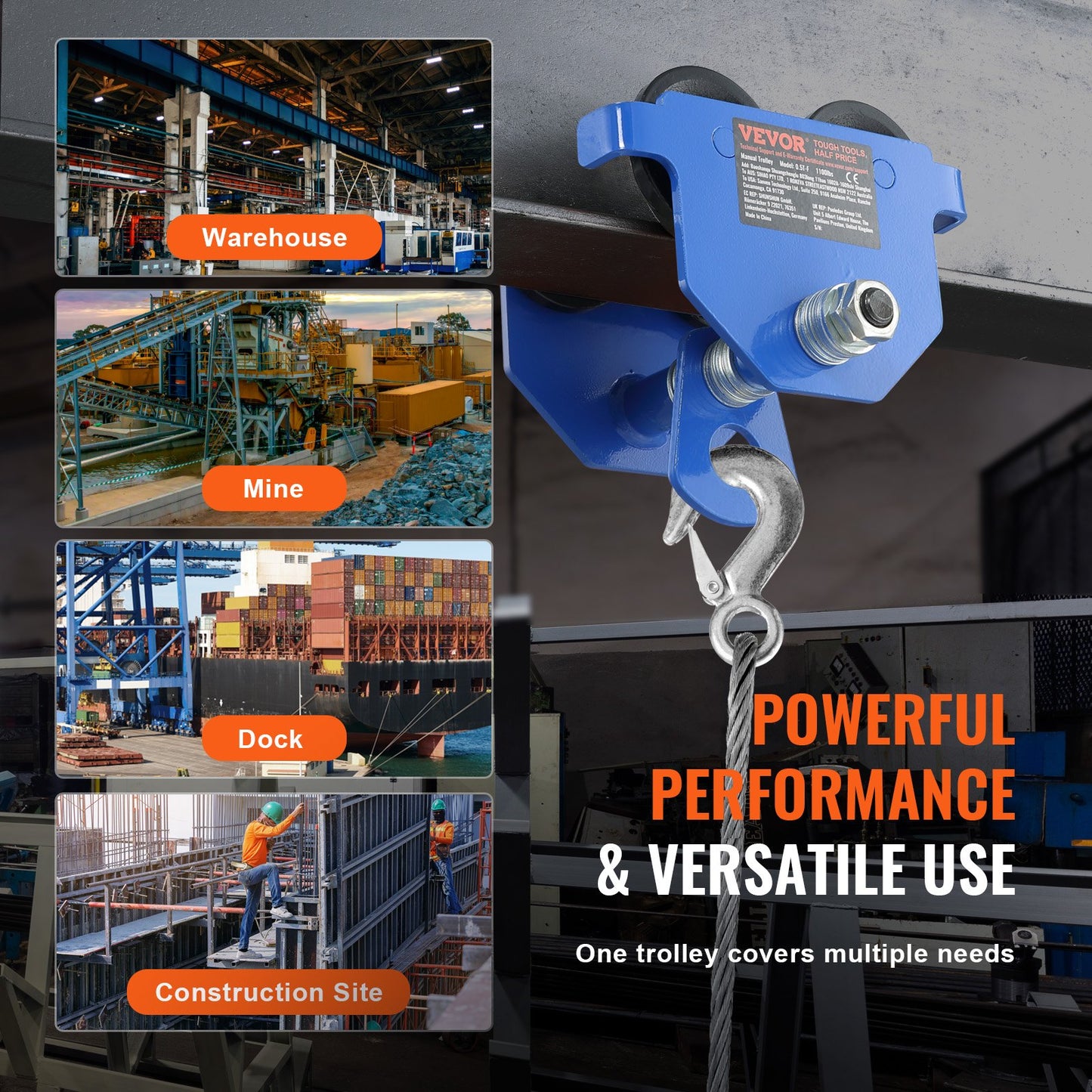Manueller Wagen, Schubträgerwagen mit einer Tragkraft von 1100 lbs/0,5 Tonnen und Doppelrädern, einstellbar für I-Trägerflanschbreiten von 63,5–139,7 mm, Hochleistungs-Garagenlift aus legiertem Stahl für gerade gebogene I-Träger