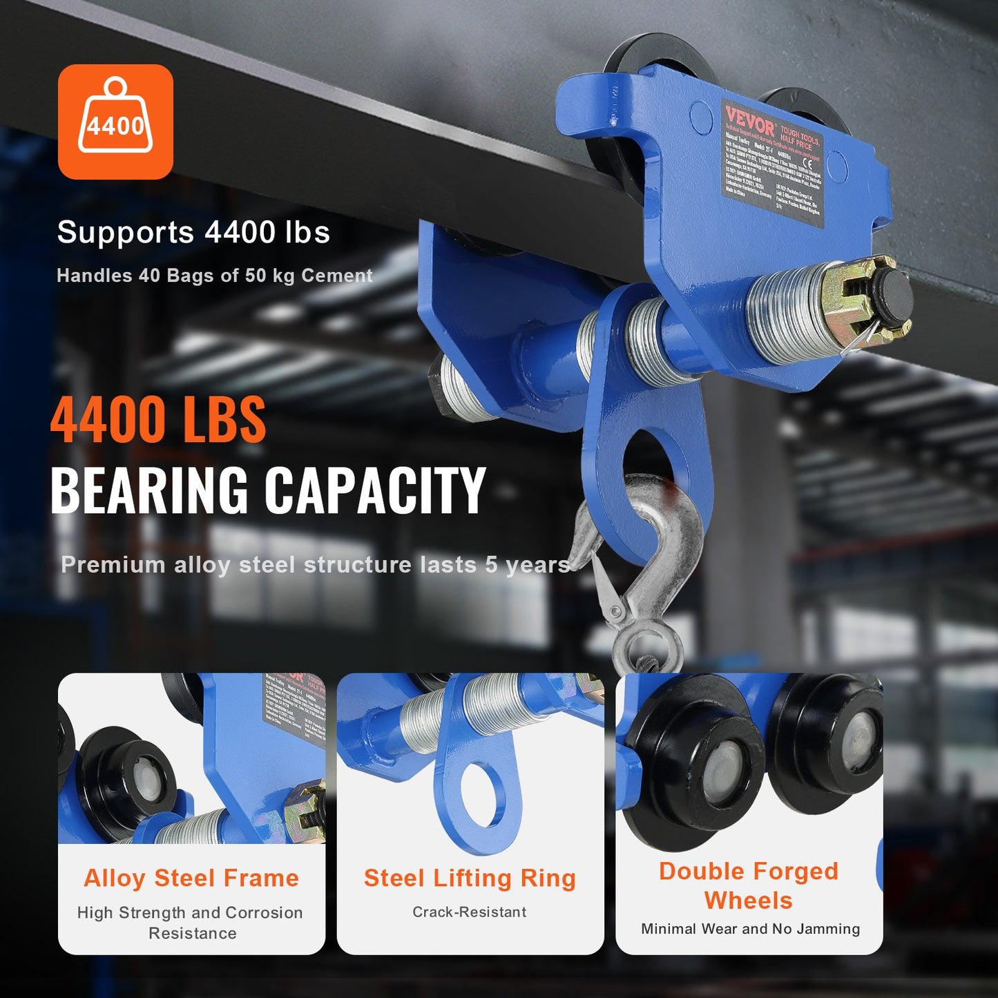 Manual Trolley, 4400 lbs/2 Ton Load Capacity, Push Beam Trolley with Dual Wheels, Adjustable for I-Beam Flange Width 2.5" to 7", Heavy Duty Alloy Steel Garage Hoist for Straight Curved I Beam