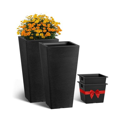 Set of 2 Tall Outdoor Planters 22inch, Large Planters For Outdoor Indoor Plants, Black Tapered Square Front Porch Planters Flower Tree Plant Pots with Modern Design and Built-in Drainage