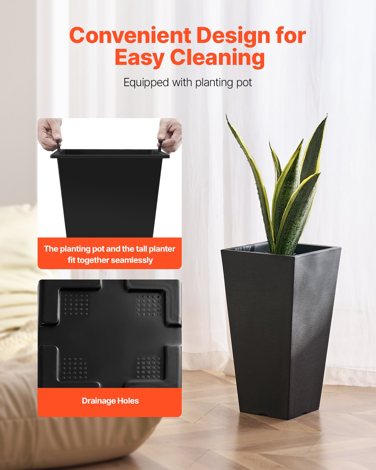 Hohes Pflanzgefäß-Set mit 2 quadratischen, konischen Pflanzgefäßen, 55,9 cm, für den Innen- und Außenbereich