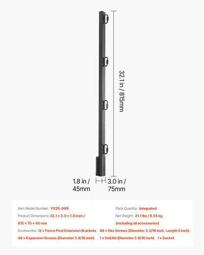 Fence Post Extender, 12 Packs 32.1 in Barbed Wire Arm, Sturdy Steel Fence Height Extender, Flat or Surface Mounted Barbed Wire Extension Arms, Protect Privacy and Prevent Pets Jumping Off