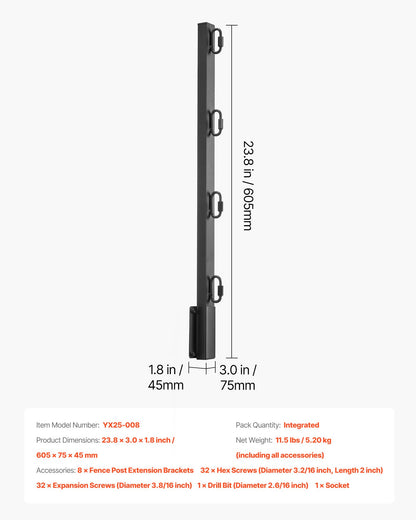 Fence Post Extender, 8 Packs 23.8 in Barbed Wire Arm, Sturdy Steel Fence Height Extender, Flat or Surface Mounted Barbed Wire Extension Arms, Protect Privacy and Prevent Pets Jumping Off