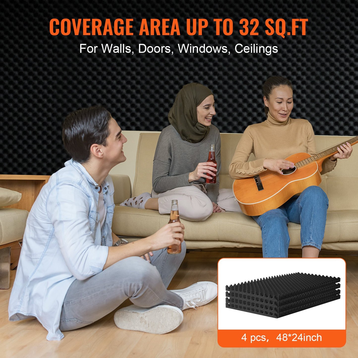 Akustiska skumpaneler 4-pack 48 x 24 x 2 tum för studiovägg och tak