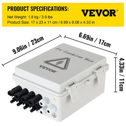 PV Combiner Box, 4 String with 15A Rated Current Fuse, 63A Circuit Breaker, Lightning Arreste Connector for On/Off Grid Solar Panel System, IP65