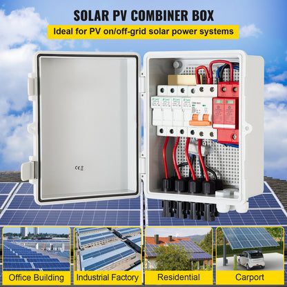 PV Combiner Box, 4-strängad, Solar Combiner Box med 15A märkströmsäkring, 63A effektbrytare, Lightning Arreste och Solar Connector, för On/Off Grid Solar Panel System, IP65 Vattentät
