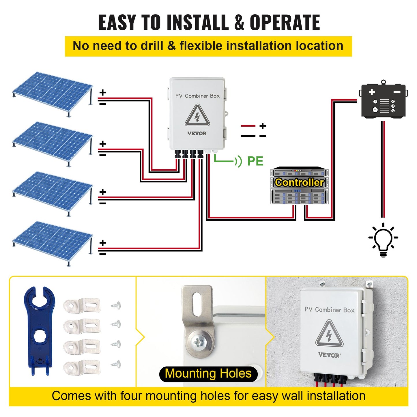 PV Combiner Box, 4-strängad, Solar Combiner Box med 15A märkströmsäkring, 63A effektbrytare, Lightning Arreste och Solar Connector, för On/Off Grid Solar Panel System, IP65 Vattentät