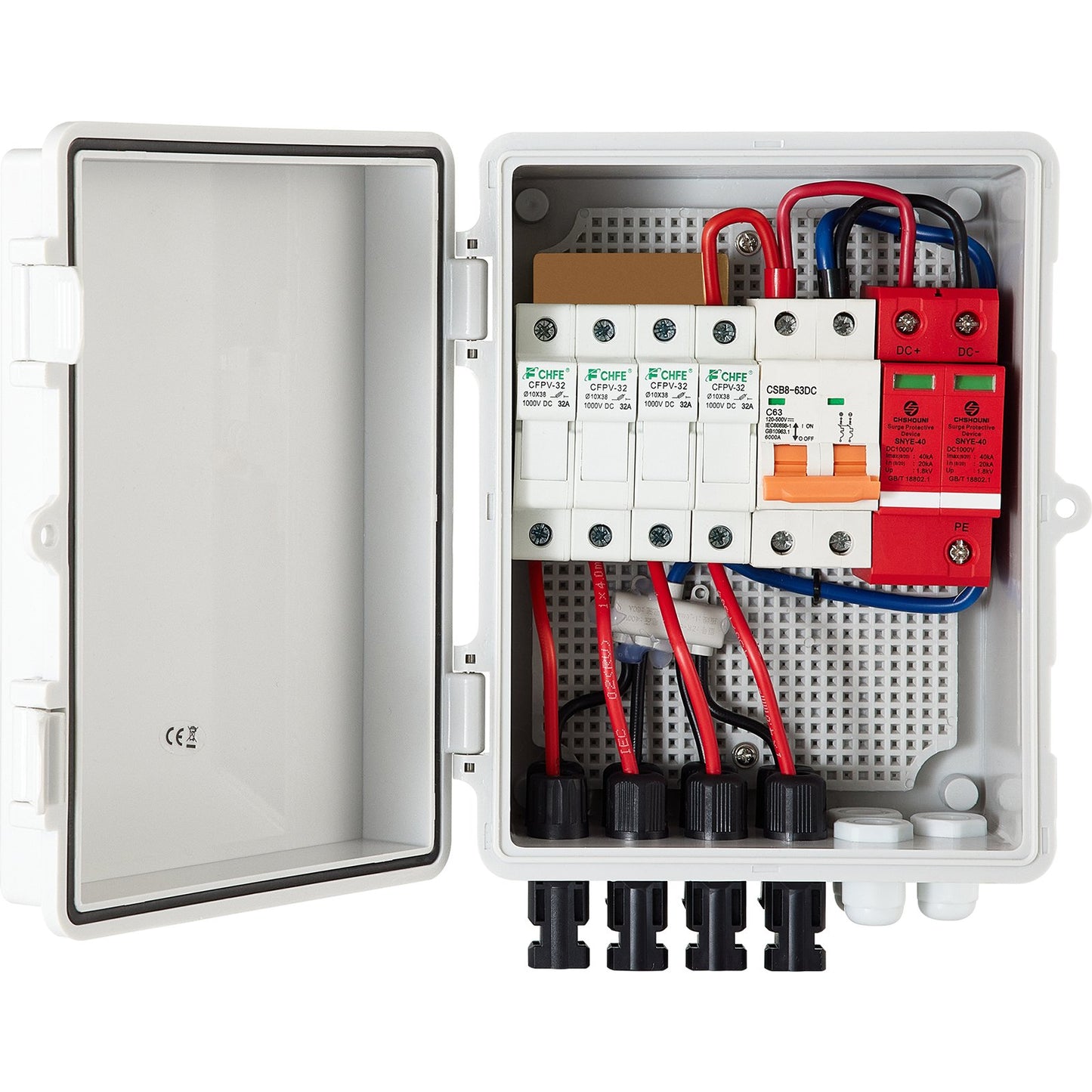 PV Combiner Box, 4-strängad, Solar Combiner Box med 15A märkströmsäkring, 63A effektbrytare, Lightning Arreste och Solar Connector, för On/Off Grid Solar Panel System, IP65 Vattentät