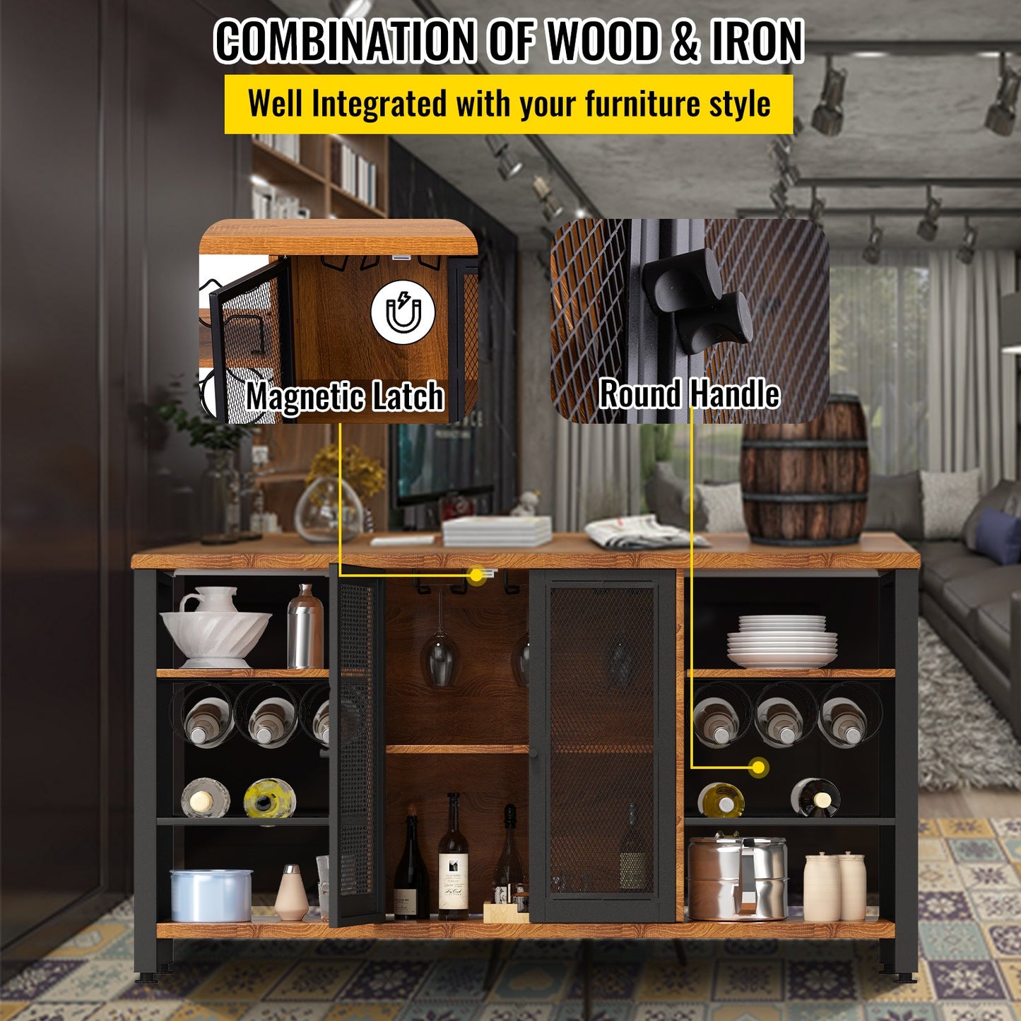 Industrial Bar Cabinet, 55 Inch Rustic Oak, 330 LBS Wine Table for Liquor with Wine Racks (24 Bottles), Glass Holders and Metal Sideboard, Farmhouse Wood Coffee Bar for Living Room, Dining Room