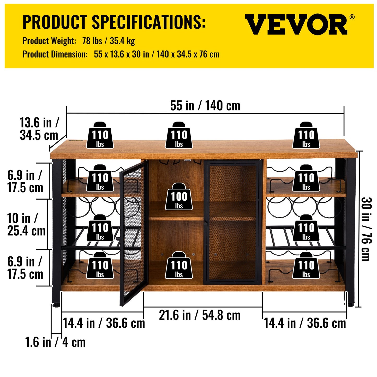 Industrial Bar Cabinet, 55 Inch Rustic Oak, 330 LBS Wine Table for Liquor with Wine Racks (24 Bottles), Glass Holders and Metal Sideboard, Farmhouse Wood Coffee Bar for Living Room, Dining Room
