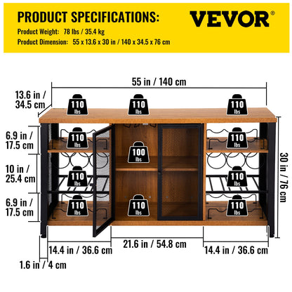 Industrial Bar Cabinet, 55 Inch Rustic Oak, 330 LBS Wine Table for Liquor with Wine Racks (24 Bottles), Glass Holders and Metal Sideboard, Farmhouse Wood Coffee Bar for Living Room, Dining Room
