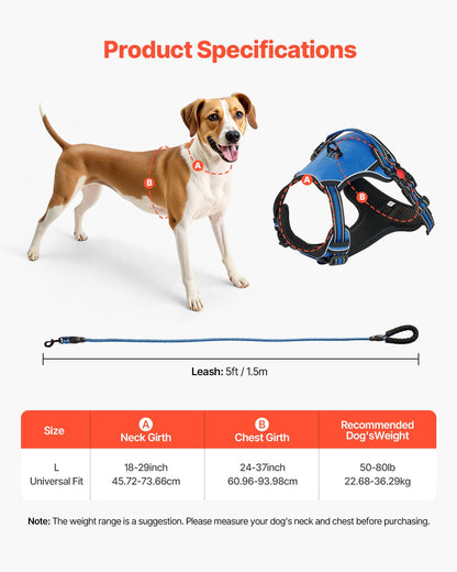 Dog Harness for Large Dogs, No Pull Adjustable Dog Vest Pet Harness, with 5ft Leash, Handle, Metal Rings, Buckles, Reflective Stitching 600D Oxford Fabric, for Training, Walking, and Hiking