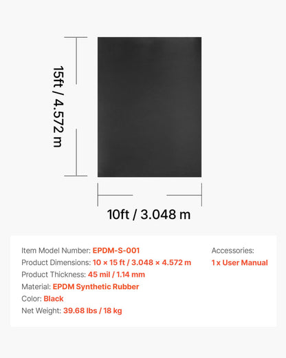 Roll Roofing, 10 x 15 ft, 45 mil EPDM Rubber Roofing, Long Lifespan & Weather-resistant, Withstands Harsh Temperatures, Flexible & Easy Installation, Roof Underlayment for RVs, Roofs, Ponds