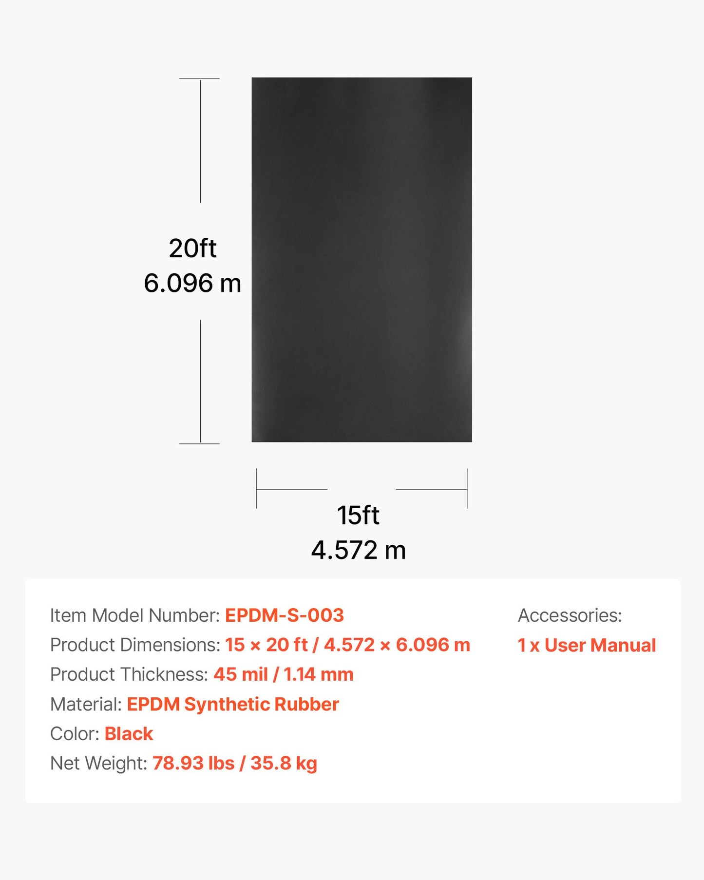 Roll Roofing, 15 x 20 ft, 45 mil EPDM Rubber Roofing, Long Lifespan & Weather-resistant, Withstands Harsh Temperatures, Flexible & Easy Installation, Roof Underlayment for RVs, Roofs, Ponds