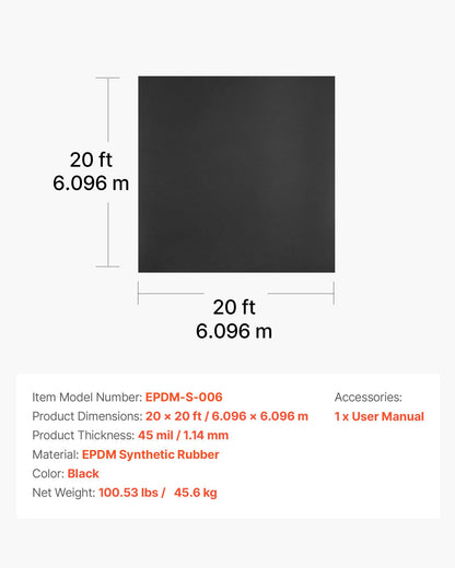 Roll Roofing, 20 x 20 ft, 45 mil EPDM Rubber Roofing, Long Lifespan & Weather-resistant, Withstands Harsh Temperatures, Flexible & Easy Installation, Roof Underlayment for RVs, Roofs, Ponds