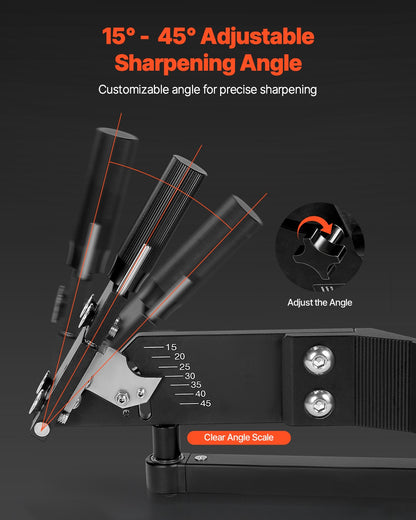 Lawn Mower Blade Sharpener, 15° - 45° Adjustable Lawnmower Blade Sharpening Tool with 4 Adapter Pins, Ball Bearing Design & 25mm Enlarged Handle, Compatible with Most Angle Grinders
