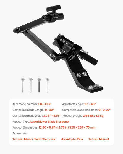 Lawn Mower Blade Sharpener, 15° - 45° Adjustable Lawnmower Blade Sharpening Tool with 4 Adapter Pins, Ball Bearing Design & 25mm Enlarged Handle, Compatible with Most Angle Grinders
