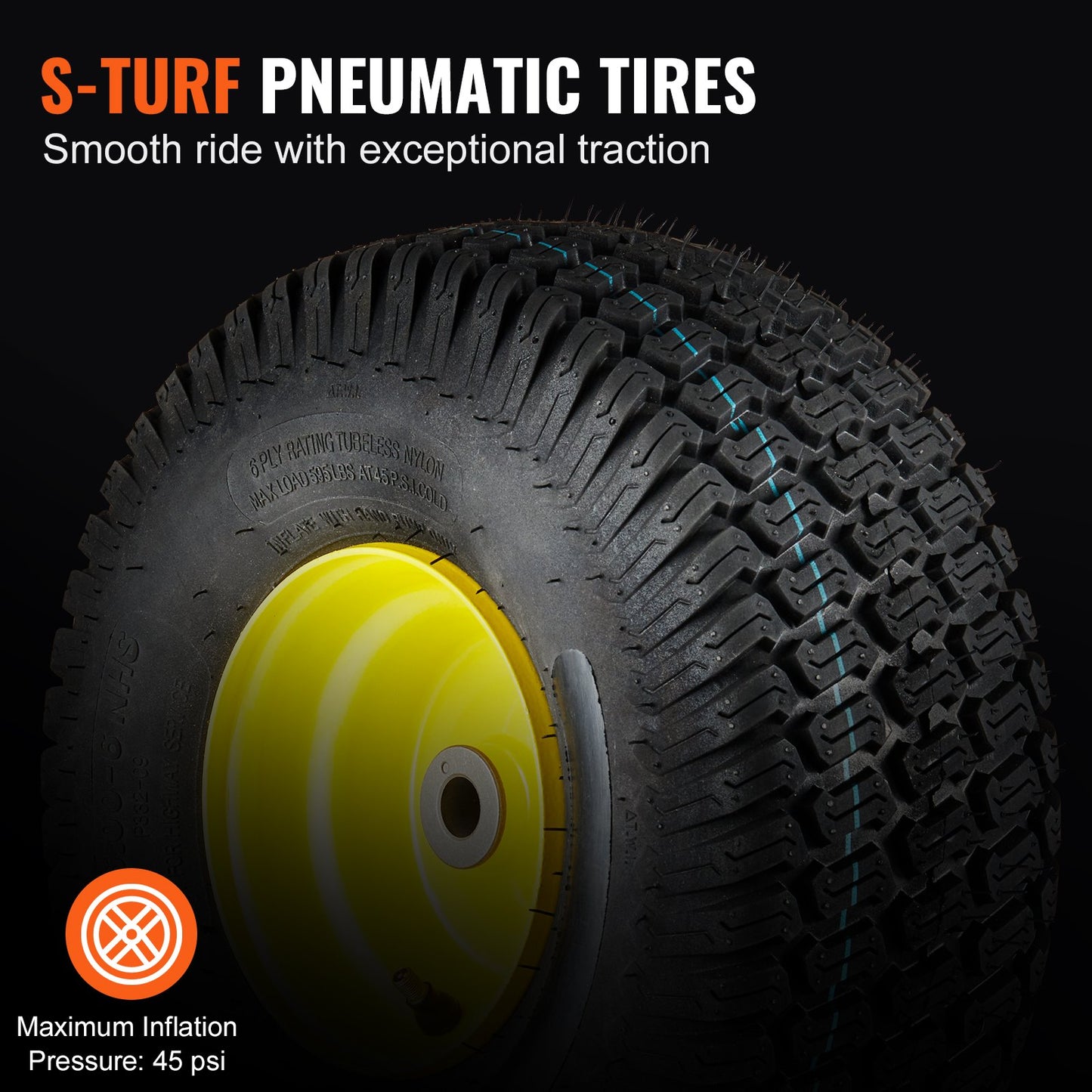 Lawn Mower Tires with Rim, 15x6-6" Tubeless Tractor Tires, 2-Pack Tire and Wheel Assembly, S-Turf Pneumatic Tires, 3" Offset Hub, 3/4" Bushing Size, 16 PCS Adapters for Riding Mower Lawn Tractor