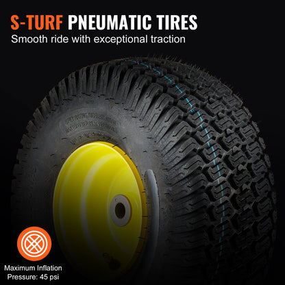 Lawn Mower Tires with Rim, 15x6-6" Tubeless Tractor Tires, 2-Pack Tire and Wheel Assembly, S-Turf Pneumatic Tires, 3" Offset Hub, 3/4" Bushing Size, 16 PCS Adapters for Riding Mower Lawn Tractor