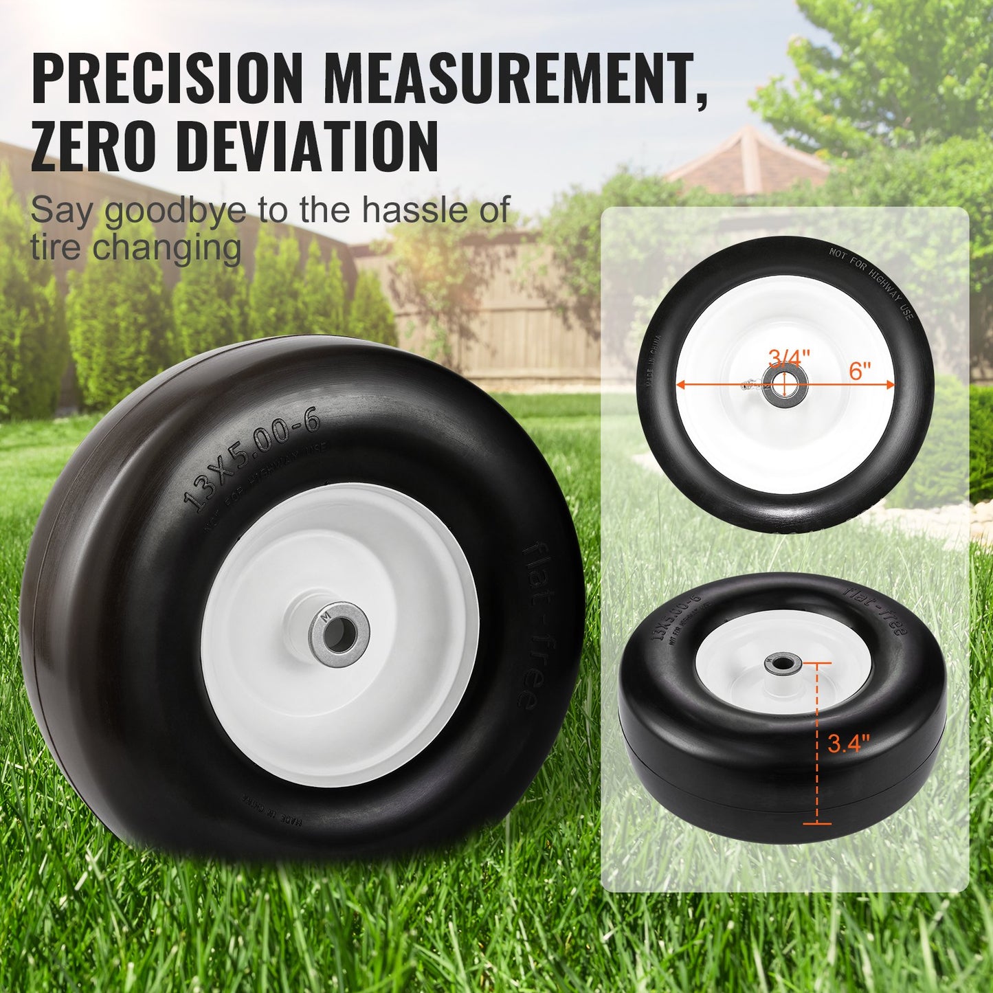 Lawnmower Tires with Rim, 13x5-6" Tubeless Tractor Tires, 2-Pack Tires and Wheel Assembly, Flat-Free PU Tires, 3.25"-5.9" Centered Hub, 3/4" Bushing Size, 20 PCS Adapter for Lawnmower Tractors
