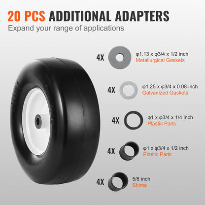 Lawnmower Tires with Rim, 13x5-6" Tubeless Tractor Tires, 2-Pack Tires and Wheel Assembly, Flat-Free PU Tires, 3.25"-5.9" Centered Hub, 3/4" Bushing Size, 20 PCS Adapter for Lawnmower Tractors