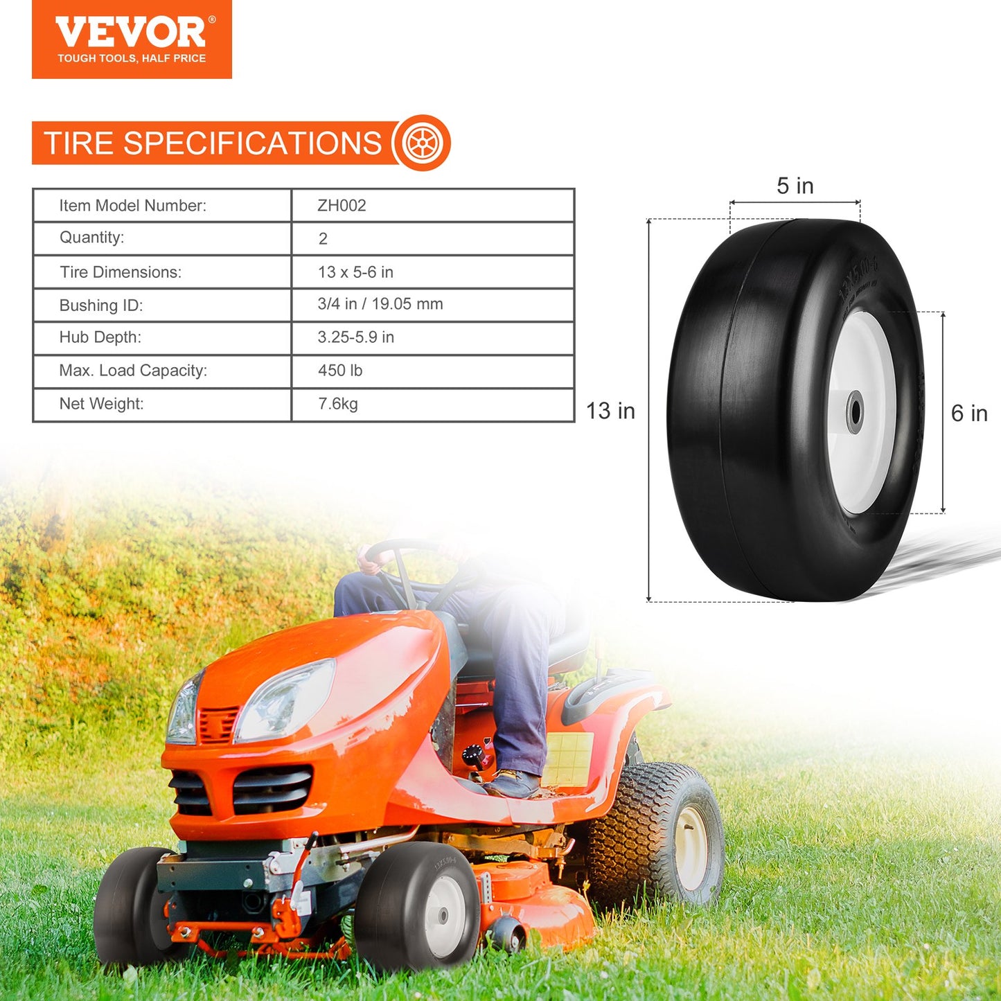 Lawnmower Tires with Rim, 13x5-6" Tubeless Tractor Tires, 2-Pack Tires and Wheel Assembly, Flat-Free PU Tires, 3.25"-5.9" Centered Hub, 3/4" Bushing Size, 20 PCS Adapter for Lawnmower Tractors